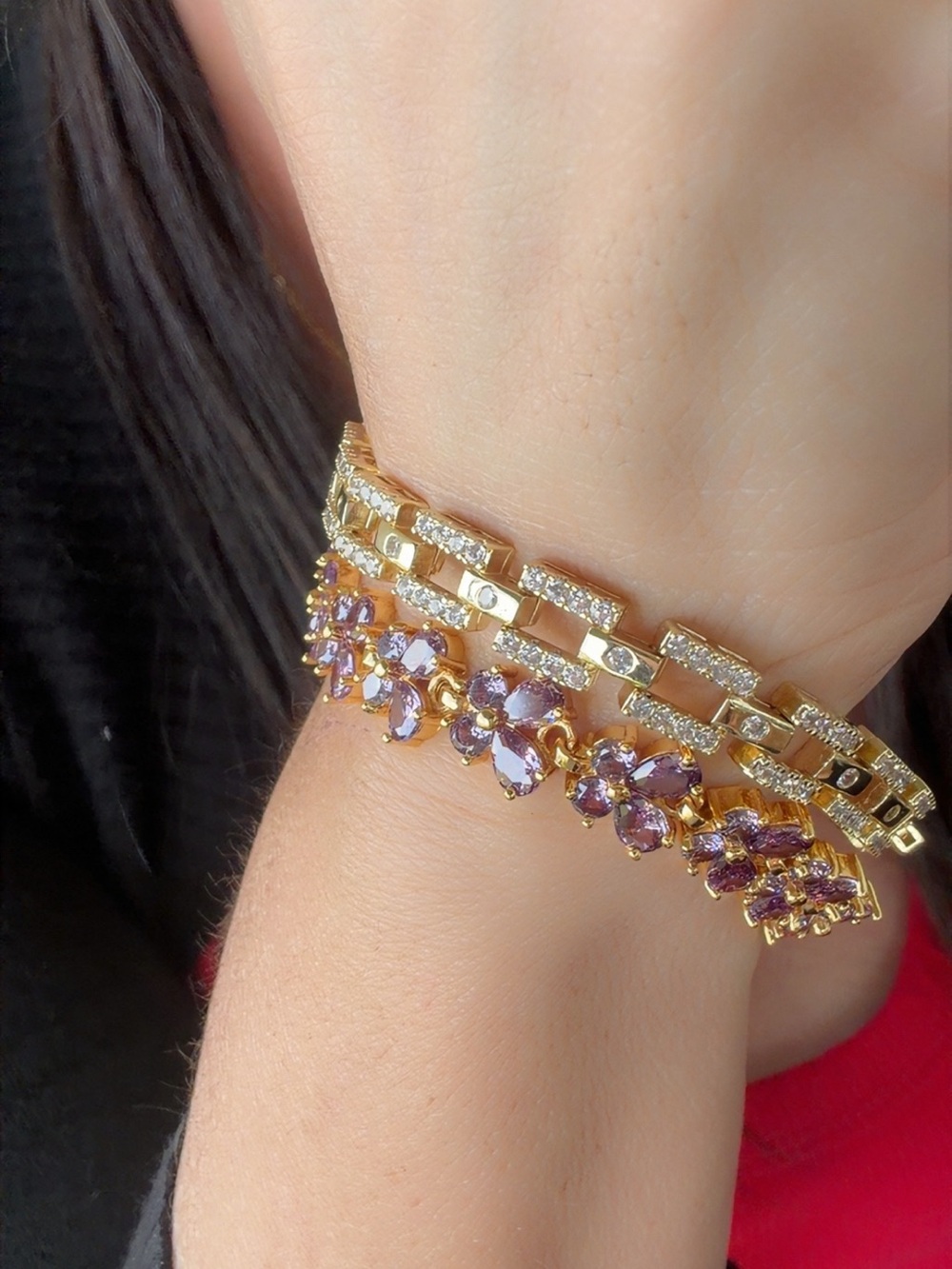 Gold Filled AAA CZ Purple Butterfly Bracelet | Lavender Crystal Link Bracelet - Picture 7 of 8